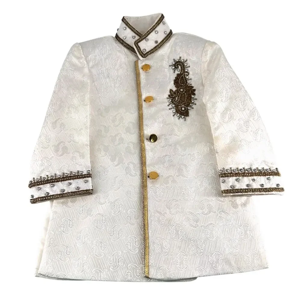 Boys White Sherwani Jacket Beaded Embroidery Gold Buttons 14